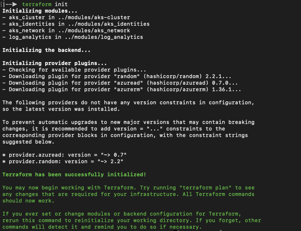 Terraform init to create AKS cluster 